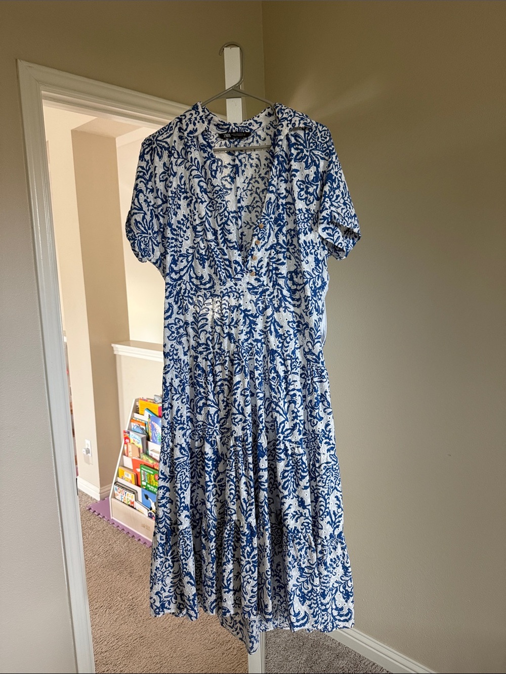 Zara Blue and White Floral-Print Tiered Midi Dress